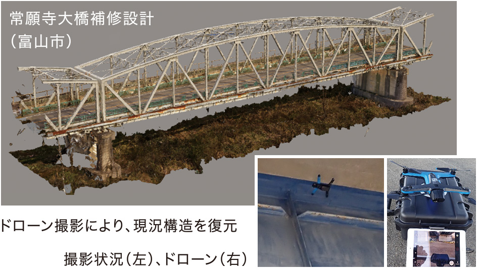 富山県 常願寺大橋の補修設計に関わるCG画像・撮影や機材の写真